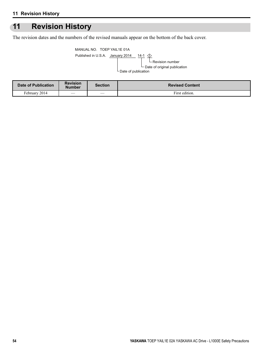 11 revision history, Revision history | Yaskawa AC Drive-L1000E Safety Precautions User Manual | Page 54 / 56