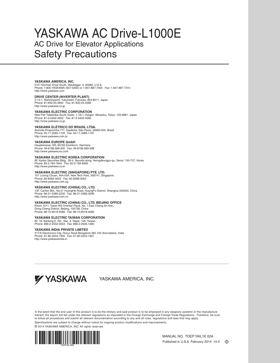 Yaskawa ac drive-l1000e, Safety precautions, Ac drive for elevator applications | Yaskawa AC Drive-L1000E Safety Precautions User Manual | Page 56 / 56