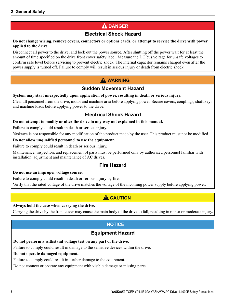 Yaskawa AC Drive-L1000E Safety Precautions User Manual | Page 6 / 56