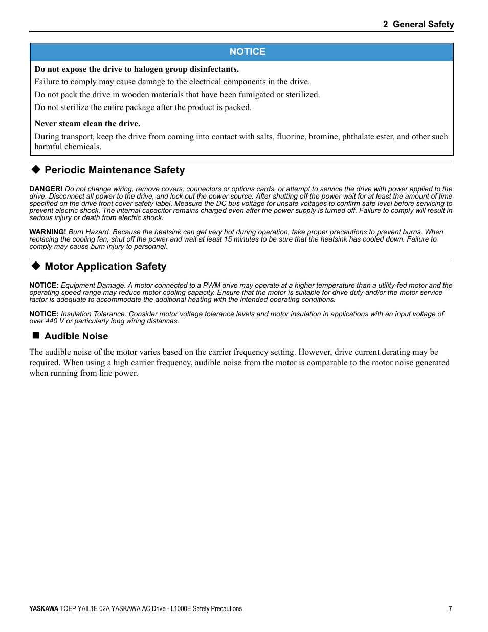 Periodic maintenance safety, Motor application safety | Yaskawa AC Drive-L1000E Safety Precautions User Manual | Page 7 / 56