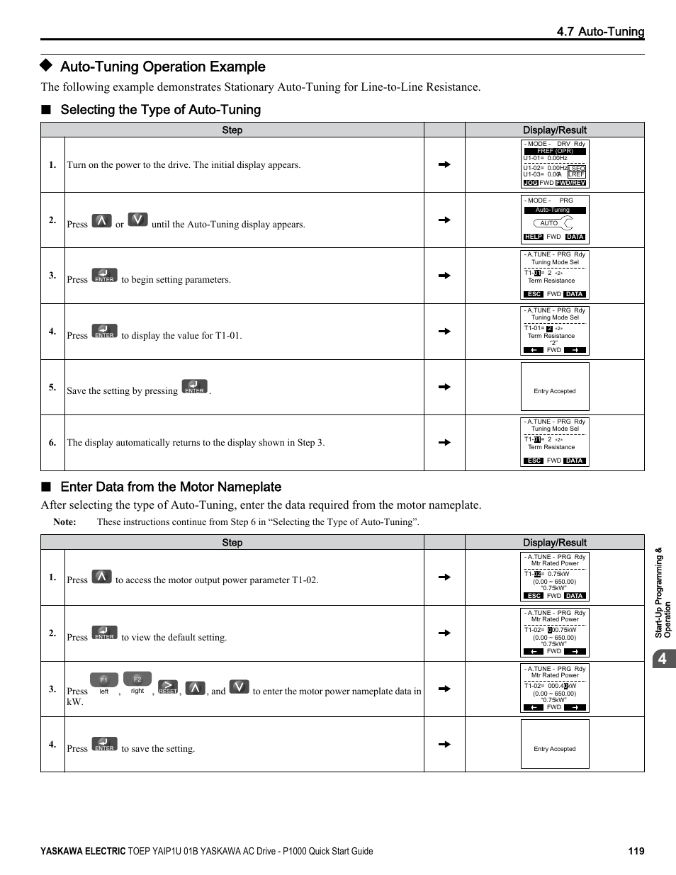 Auto-tuning operation example, Selecting the type of auto-tuning, Enter data from the motor nameplate | 7 auto-tuning, Press or until the auto-tuning display appears, Press to begin setting parameters, Press to display the value for t1-01, Save the setting by pressing, Press to view the default setting, Press | Yaskawa CIMR-PUxA User Manual | Page 119 / 256