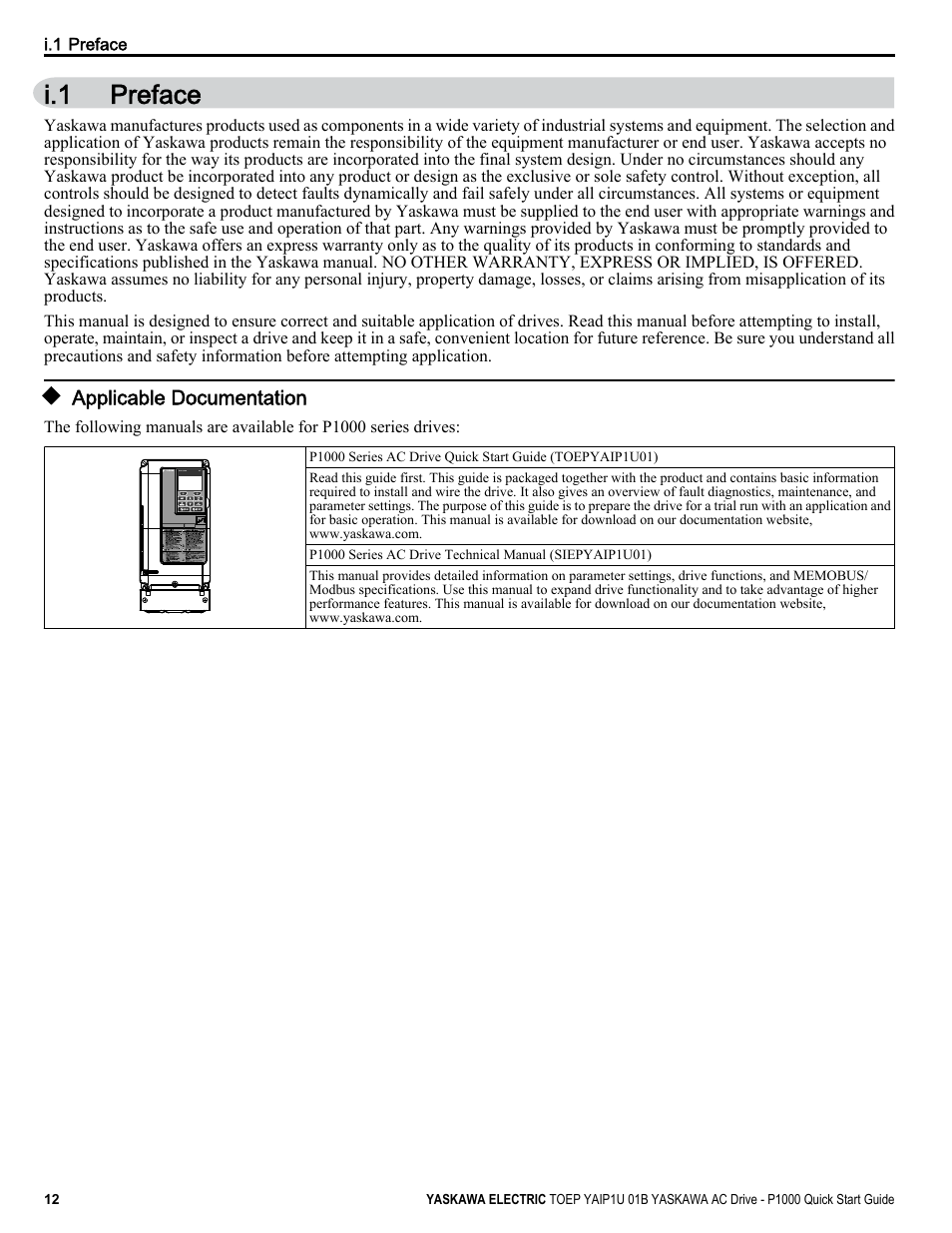 Preface, Applicable documentation, I.1 preface | Yaskawa CIMR-PUxA User Manual | Page 12 / 256
