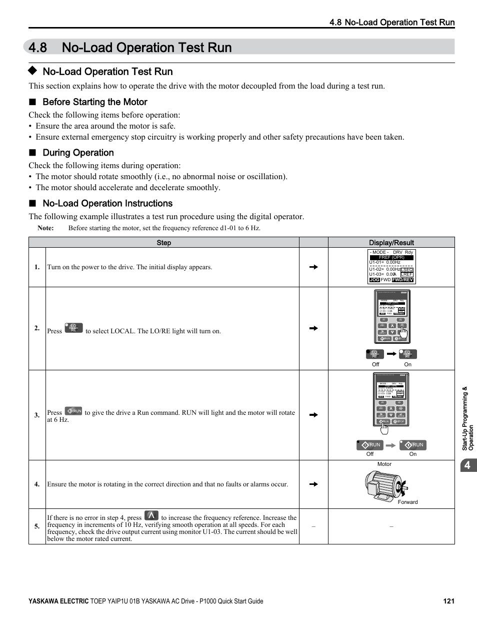 No-load operation test run, 8 no-load operation test run, Before starting the motor | During operation, No-load operation instructions | Yaskawa CIMR-PUxA User Manual | Page 121 / 256