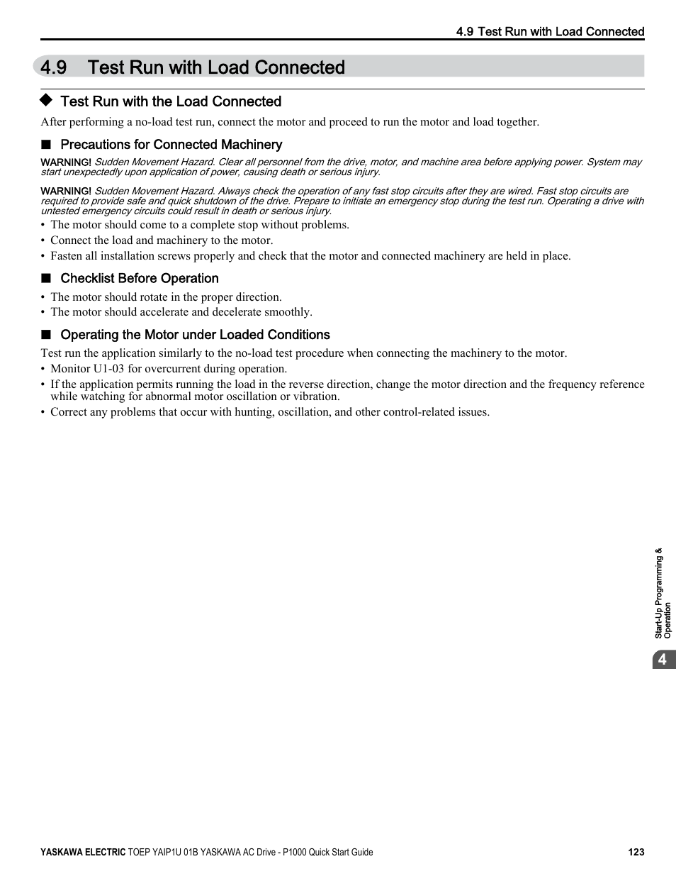 Test run with load connected, Test run with the load connected, 9 test run with load connected | Yaskawa CIMR-PUxA User Manual | Page 123 / 256
