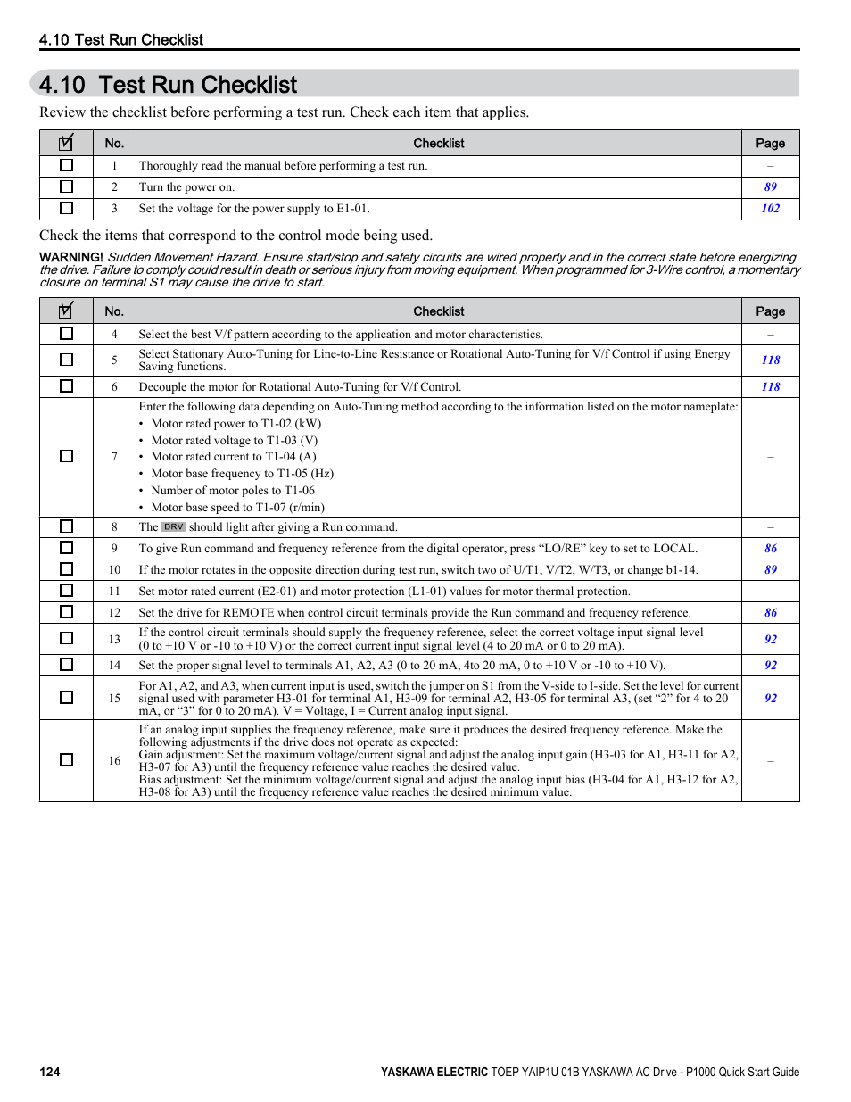 Test run checklist, 10 test run checklist | Yaskawa CIMR-PUxA User Manual | Page 124 / 256