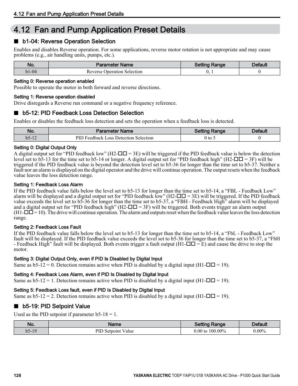 Fan and pump application preset details, 12 fan and pump application preset details | Yaskawa CIMR-PUxA User Manual | Page 128 / 256