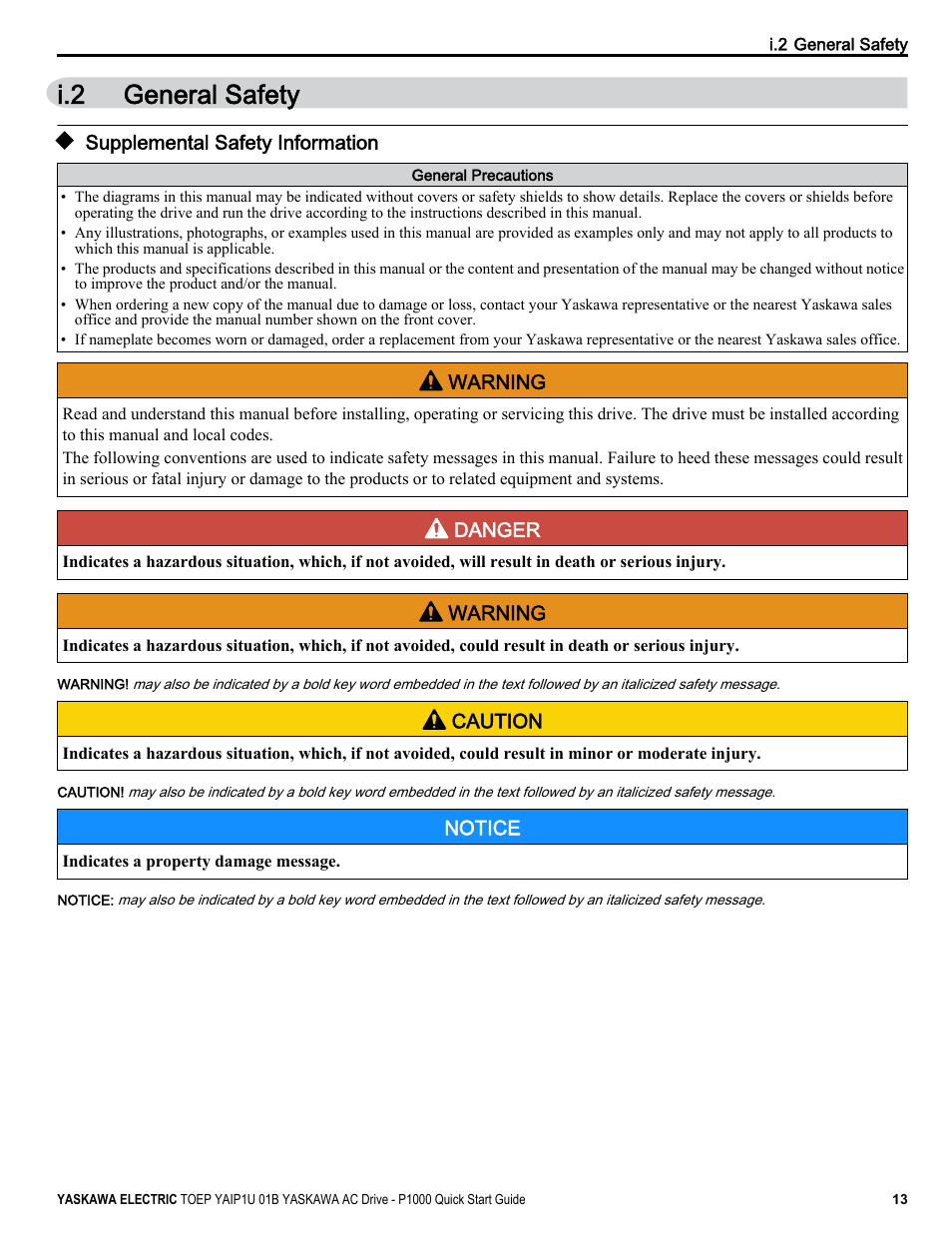 General safety, Supplemental safety information, I.2 general safety | Yaskawa CIMR-PUxA User Manual | Page 13 / 256