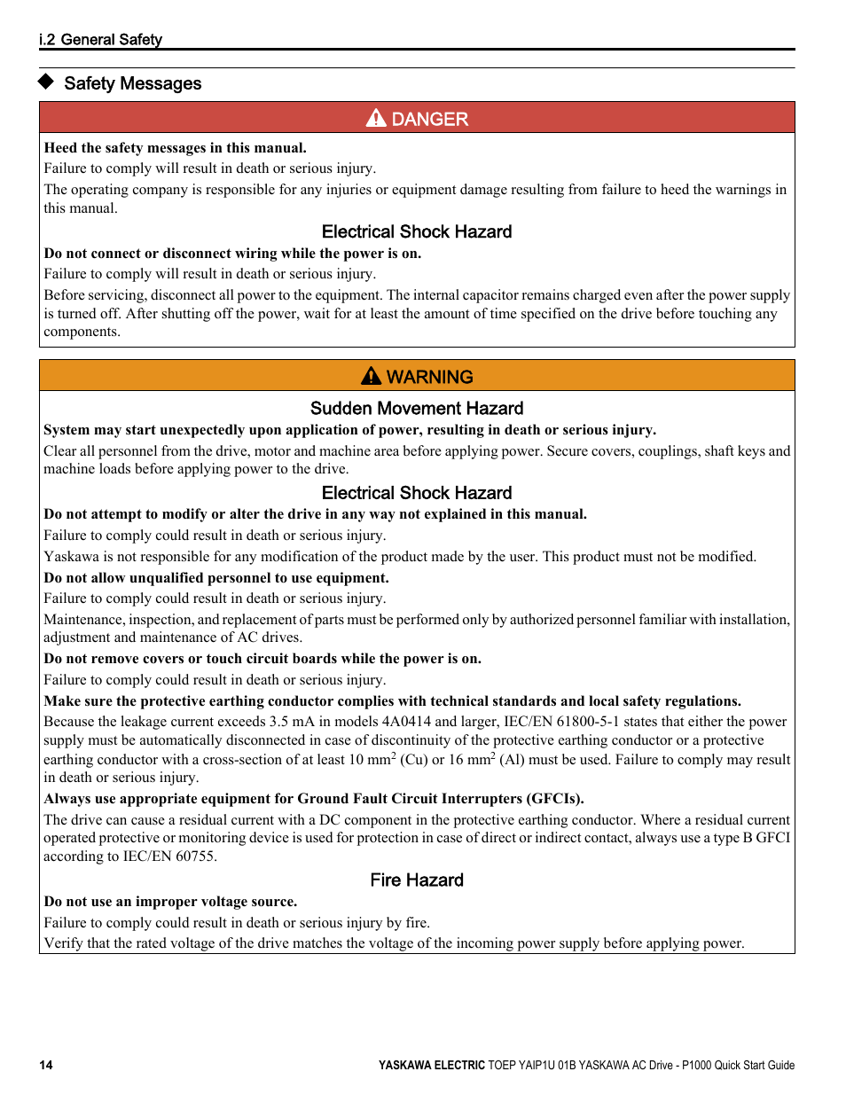 Safety messages | Yaskawa CIMR-PUxA User Manual | Page 14 / 256
