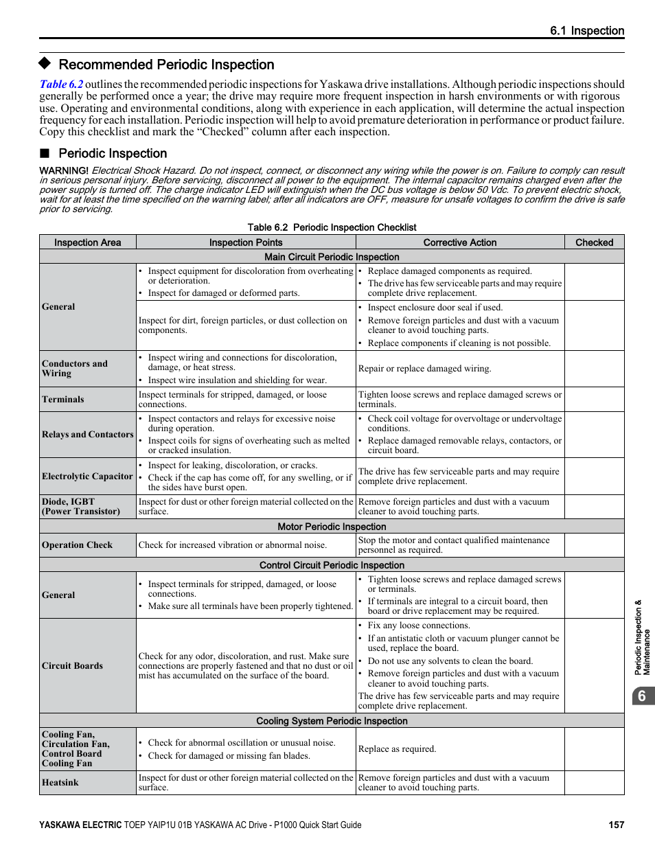 Recommended periodic inspection, Periodic inspection | Yaskawa CIMR-PUxA User Manual | Page 157 / 256
