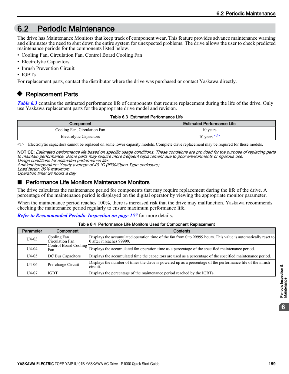 Periodic maintenance, Replacement parts, Refer to performance life monitors maintenance | 2 periodic maintenance | Yaskawa CIMR-PUxA User Manual | Page 159 / 256