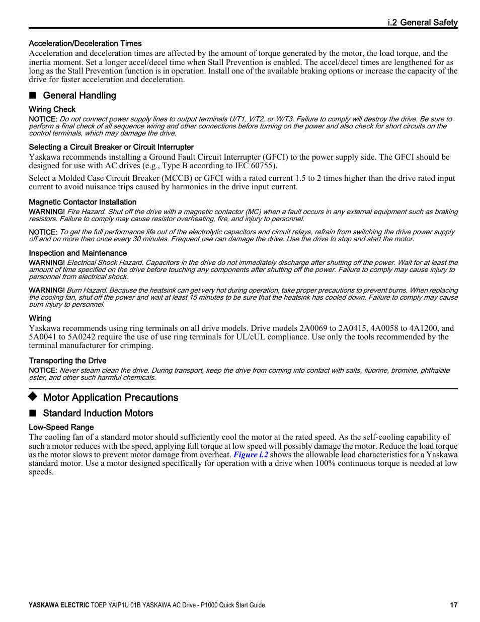 Motor application precautions | Yaskawa CIMR-PUxA User Manual | Page 17 / 256