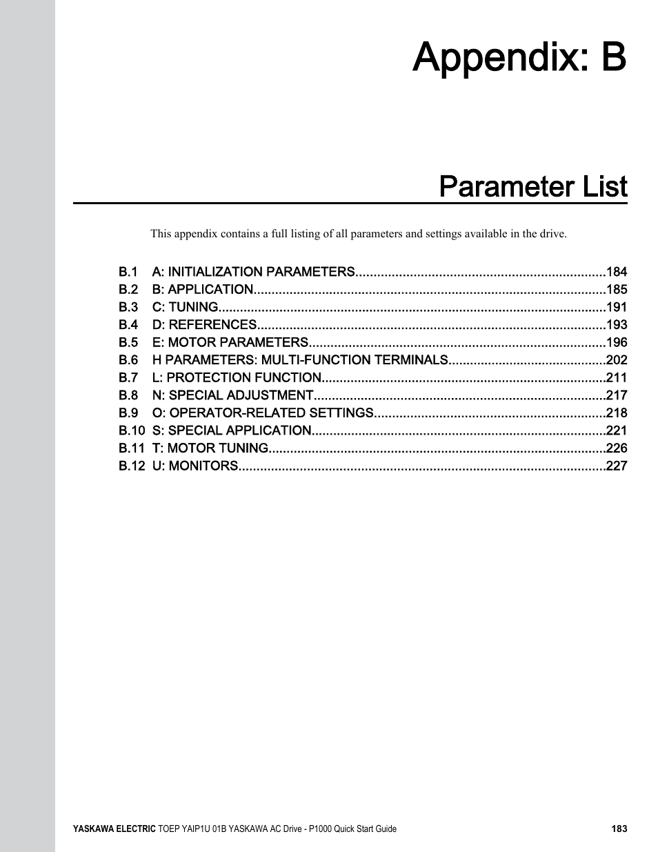Parameter list, B. parameter list, Considering derating | For details, To ensure a successful drive start-up, Appendix: b | Yaskawa CIMR-PUxA User Manual | Page 183 / 256