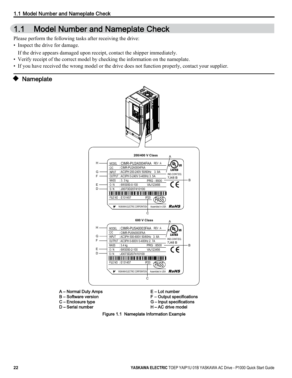 Model number and nameplate check, Nameplate, 1 model number and nameplate check | Pass | Yaskawa CIMR-PUxA User Manual | Page 22 / 256