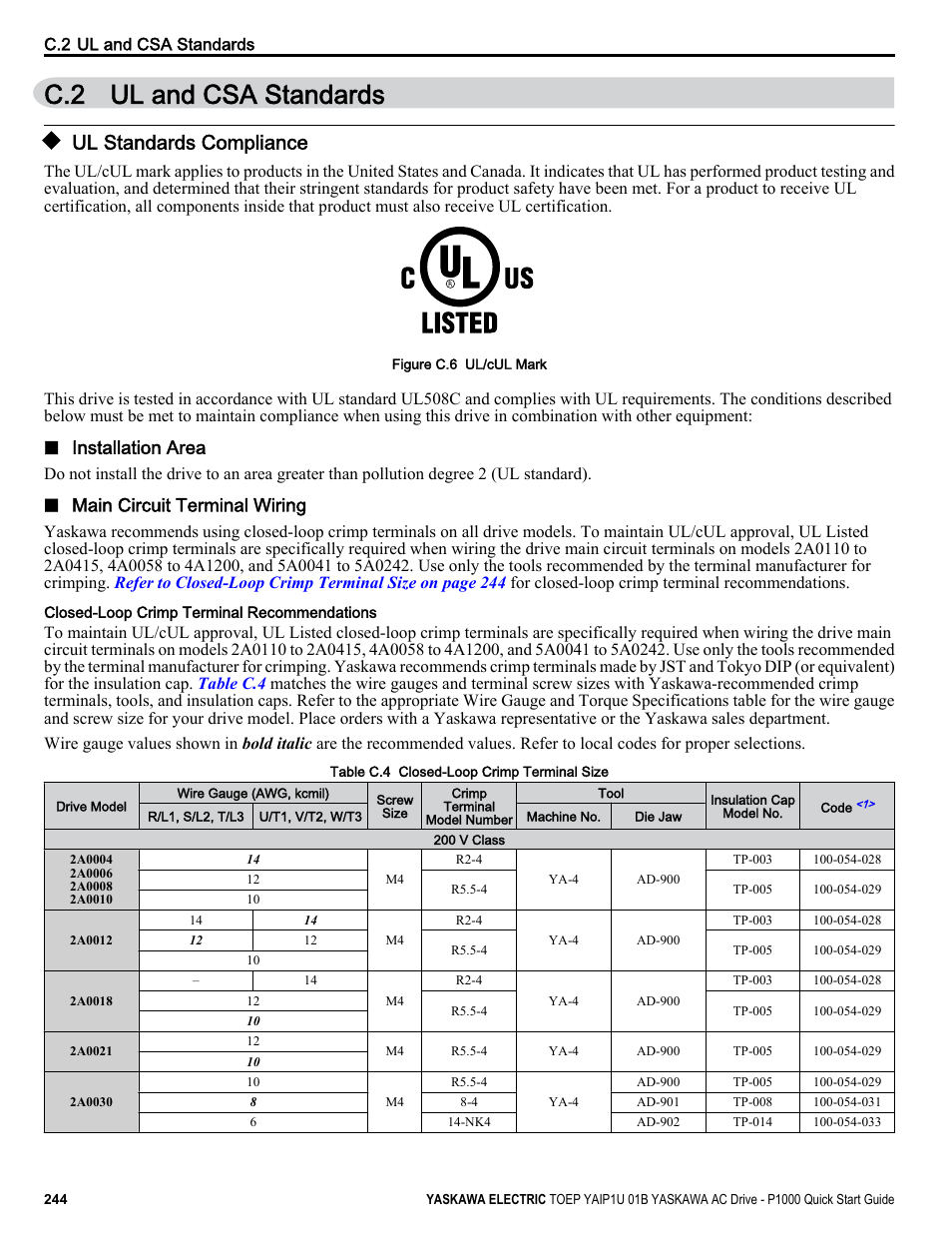 Ul and csa standards, Ul standards compliance, C.2 ul and csa standards | Installation area, Main circuit terminal wiring | Yaskawa CIMR-PUxA User Manual | Page 244 / 256