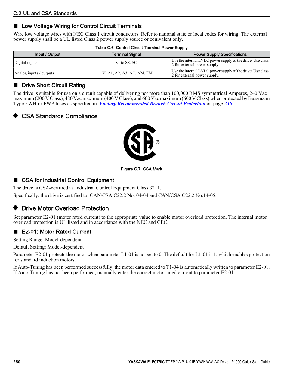 Csa standards compliance, Drive motor overload protection | Yaskawa CIMR-PUxA User Manual | Page 250 / 256