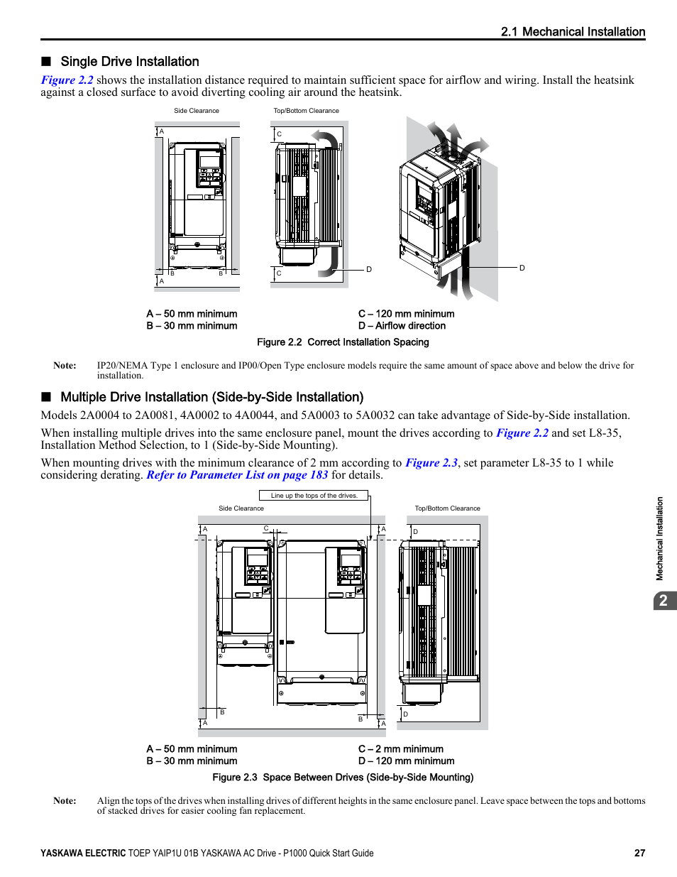 Single drive installation, 1 mechanical installation | Yaskawa CIMR-PUxA User Manual | Page 27 / 256