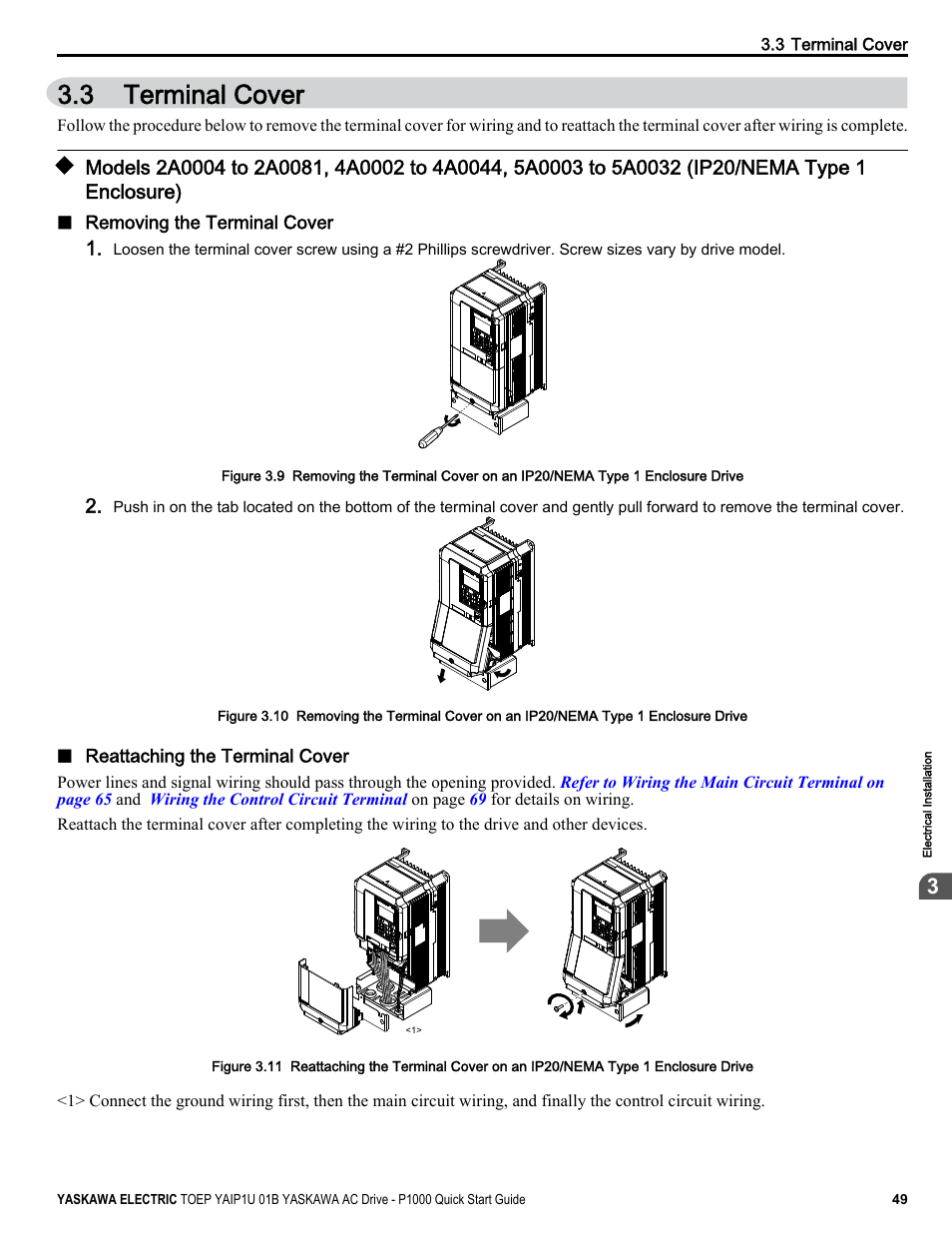 Terminal cover, 3 terminal cover, Enclosure) | Yaskawa CIMR-PUxA User Manual | Page 49 / 256