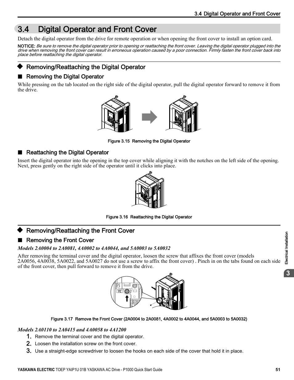 Digital operator and front cover, Removing/reattaching the digital operator, Removing/reattaching the front cover | 4 digital operator and front cover | Yaskawa CIMR-PUxA User Manual | Page 51 / 256