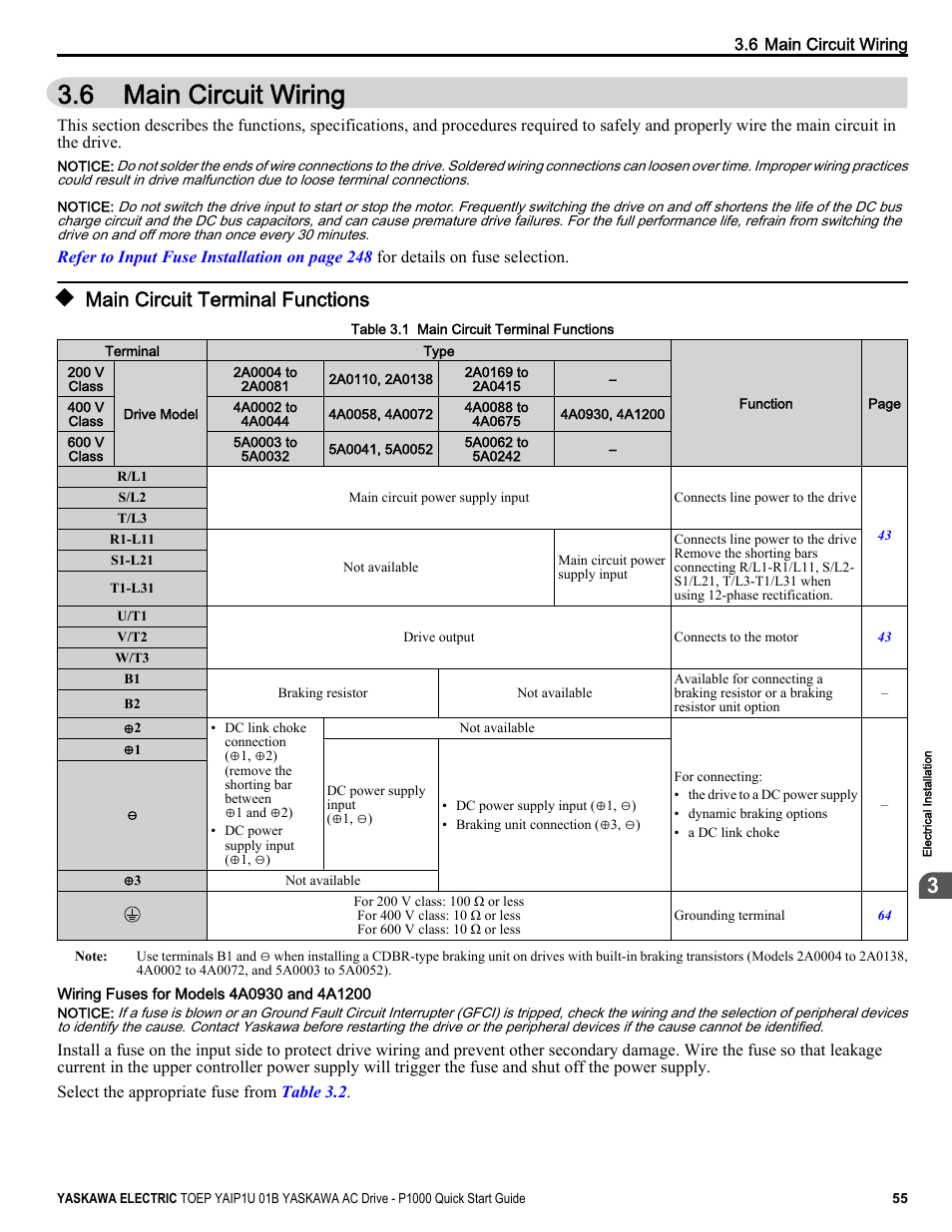 Main circuit wiring, Main circuit terminal functions, 6 main circuit wiring | Yaskawa CIMR-PUxA User Manual | Page 55 / 256