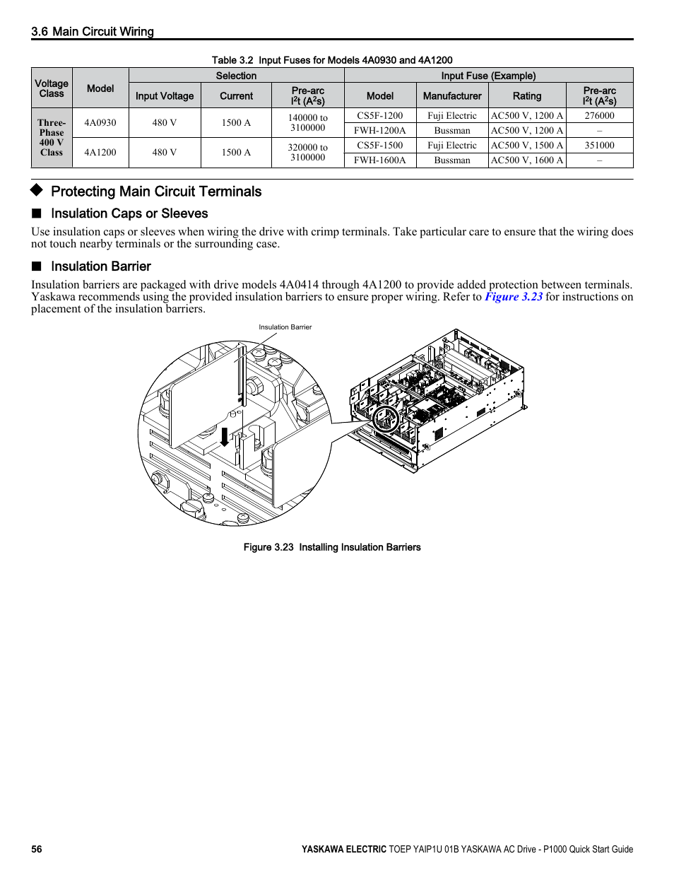 Protecting main circuit terminals, Table 3.2, Insulation caps or sleeves | Insulation barrier | Yaskawa CIMR-PUxA User Manual | Page 56 / 256