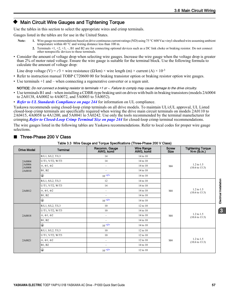 Main circuit wire gauges and tightening torque, Three-phase 200 v class, 6 main circuit wiring | Yaskawa CIMR-PUxA User Manual | Page 57 / 256