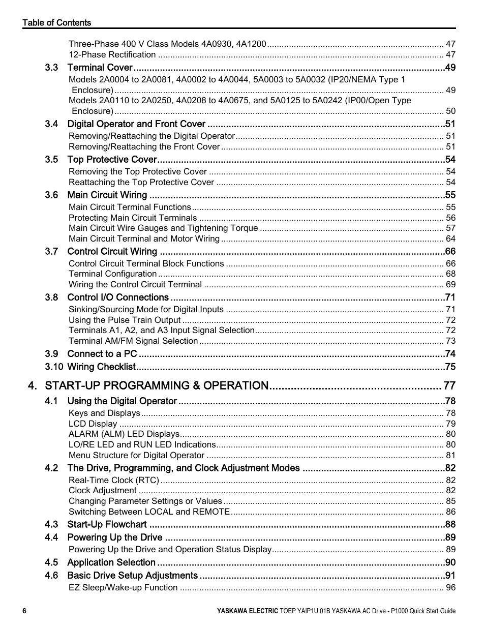 Start-up programming & operation | Yaskawa CIMR-PUxA User Manual | Page 6 / 256