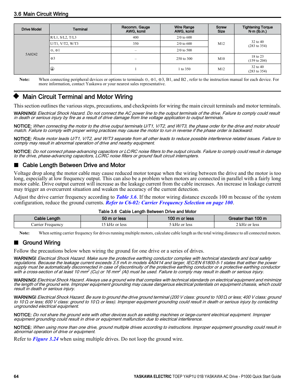 Main circuit terminal and motor wiring, Cable length between drive and motor, Ground wiring | Yaskawa CIMR-PUxA User Manual | Page 64 / 256