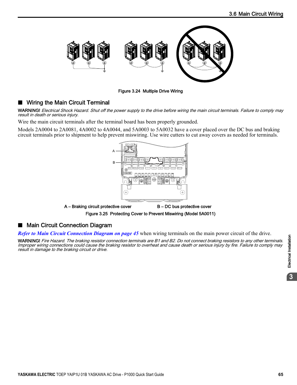 Refer to wiring the main circuit terminal on, Cover, Refer to wiring | Refer to, Figure 3.24, Wiring the main circuit terminal, Main circuit connection diagram, 6 main circuit wiring | Yaskawa CIMR-PUxA User Manual | Page 65 / 256