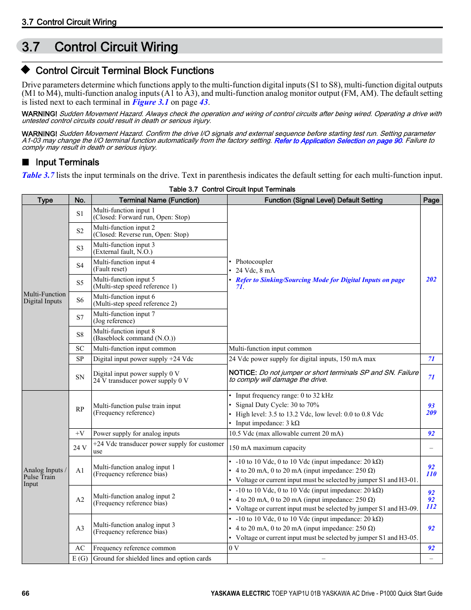 Control circuit wiring, Control circuit terminal block functions, 7 control circuit wiring | Yaskawa CIMR-PUxA User Manual | Page 66 / 256