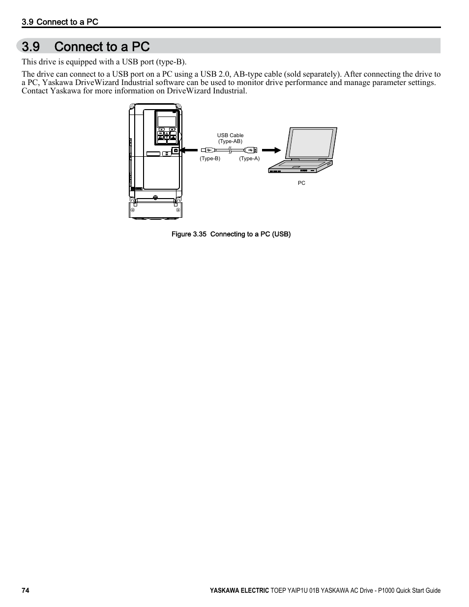 Connect to a pc, 9 connect to a pc | Yaskawa CIMR-PUxA User Manual | Page 74 / 256