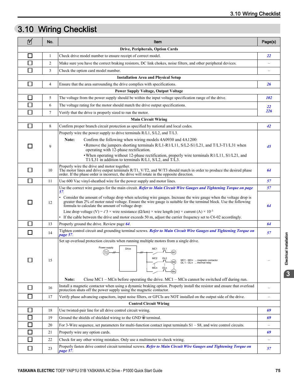 Wiring checklist, 10 wiring checklist | Yaskawa CIMR-PUxA User Manual | Page 75 / 256