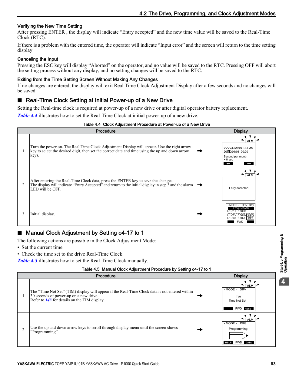 First time, Manual clock adjustment by setting o4-17 to 1 | Yaskawa CIMR-PUxA User Manual | Page 83 / 256