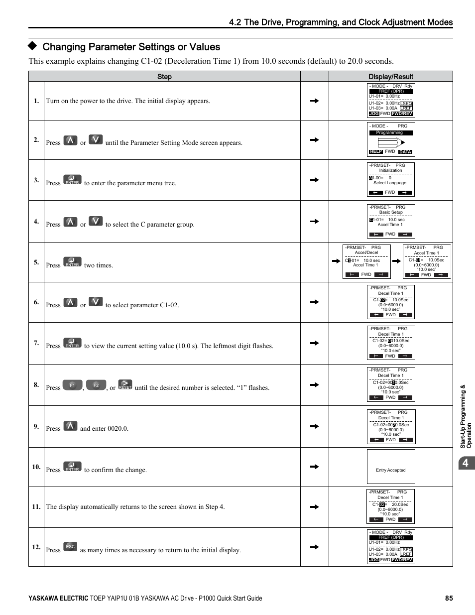 Changing parameter settings or valu, Changing parameter settings or values | Yaskawa CIMR-PUxA User Manual | Page 85 / 256