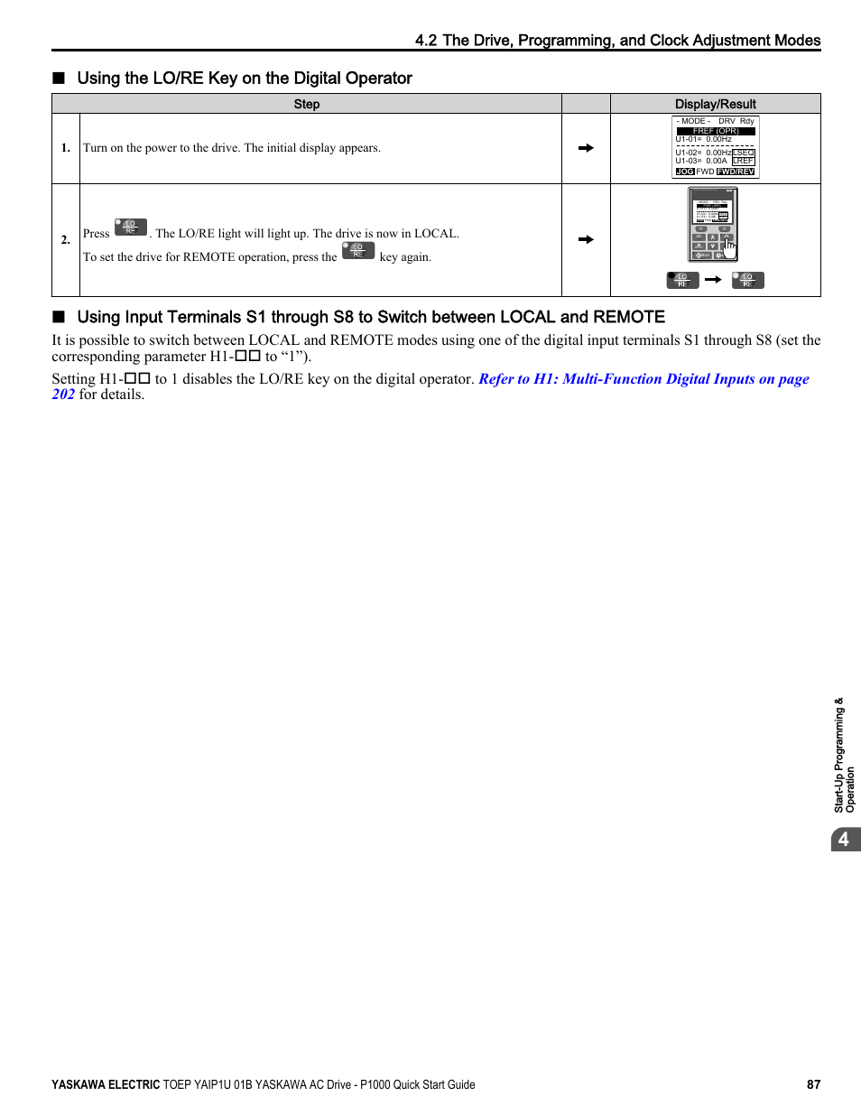 Using the lo/re key on the digital operator, Digital operator jvop-180 | Yaskawa CIMR-PUxA User Manual | Page 87 / 256
