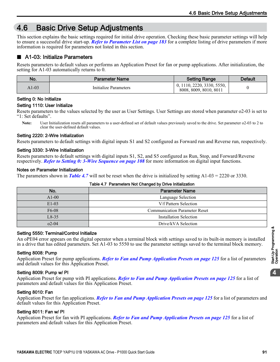 Basic drive setup adjustments, 6 basic drive setup adjustments | Yaskawa CIMR-PUxA User Manual | Page 91 / 256