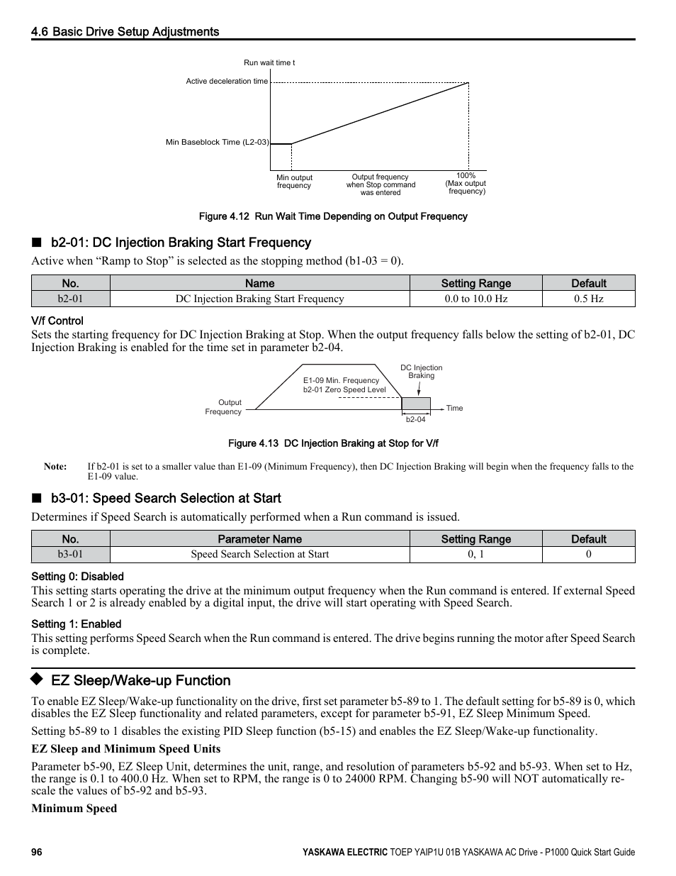 Ez sleep/wake-up function, For details, B2-01: dc injection braking start frequency | B3-01: speed search selection at start | Yaskawa CIMR-PUxA User Manual | Page 96 / 256