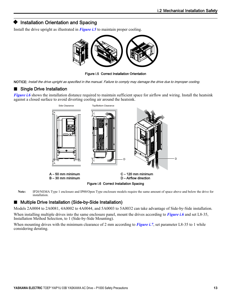 Installation orientation and spacing | Yaskawa CIMR-PU User Manual | Page 13 / 74