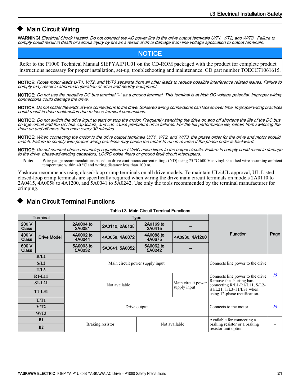 Main circuit wiring, Main circuit terminal functions, Notice | Yaskawa CIMR-PU User Manual | Page 21 / 74