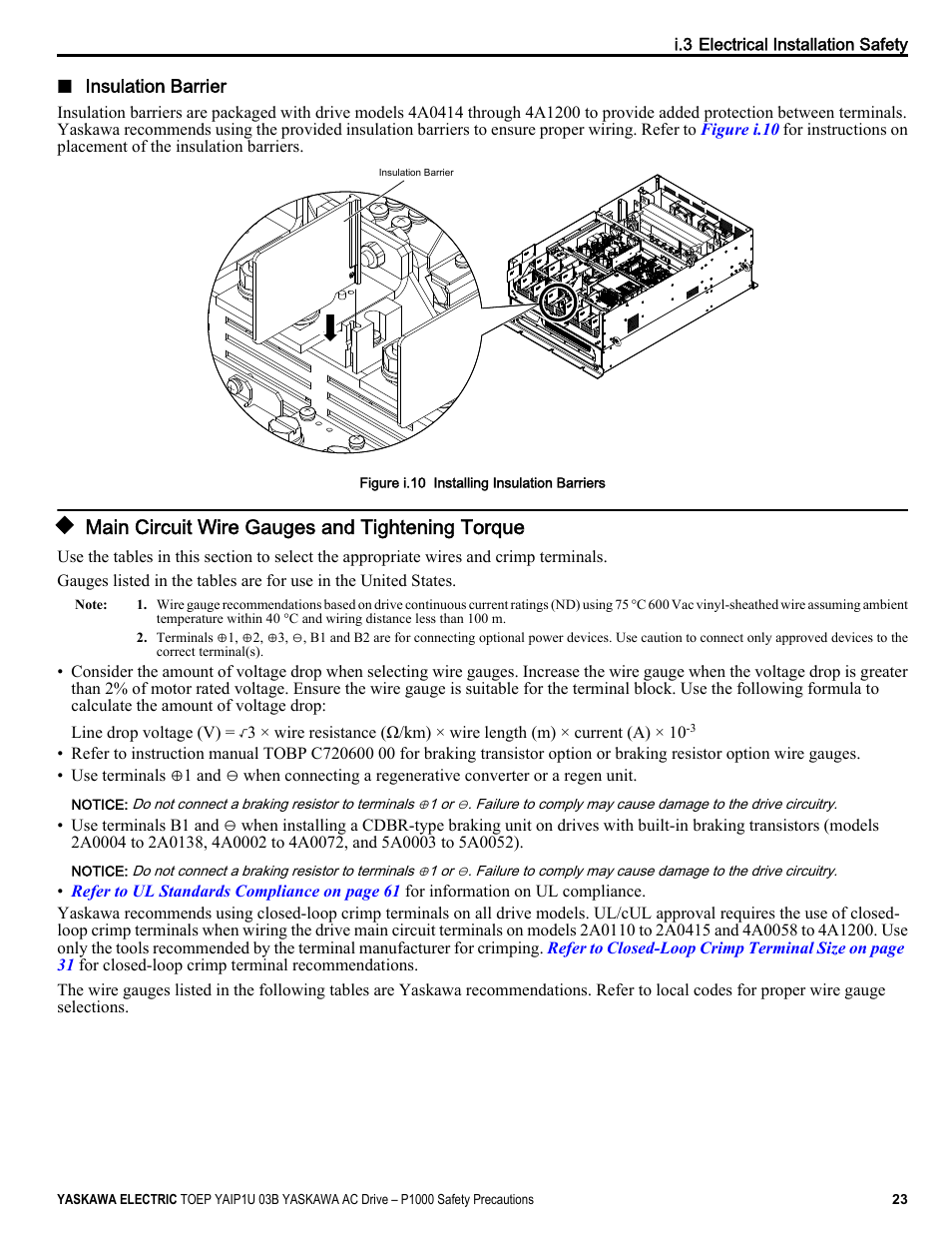 Main circuit wire gauges and tightening torque | Yaskawa CIMR-PU User Manual | Page 23 / 74