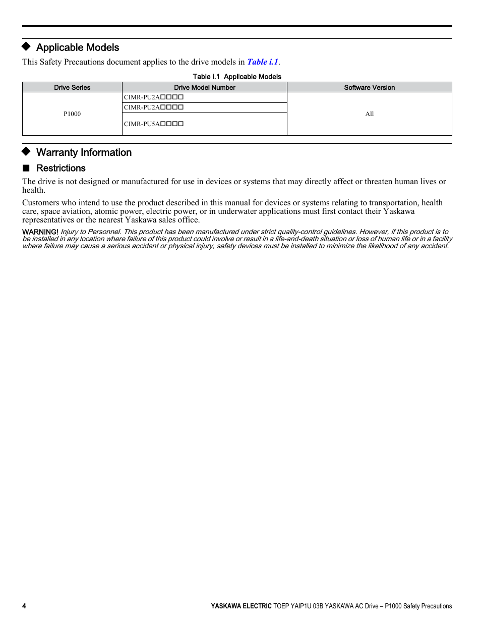 Applicable models, Warranty information | Yaskawa CIMR-PU User Manual | Page 4 / 74