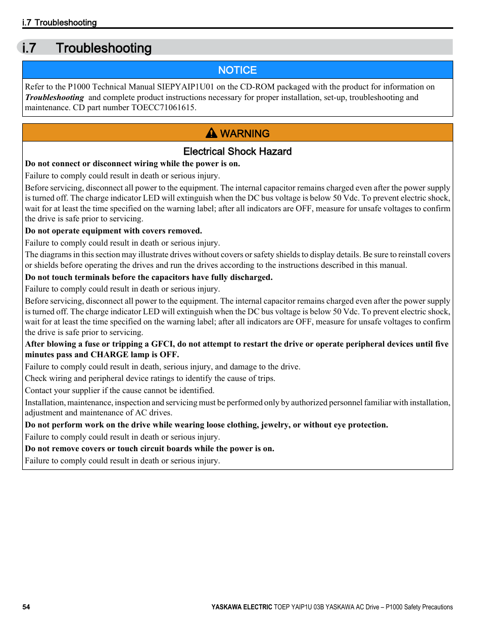 Troubleshooting, I.7 troubleshooting | Yaskawa CIMR-PU User Manual | Page 54 / 74