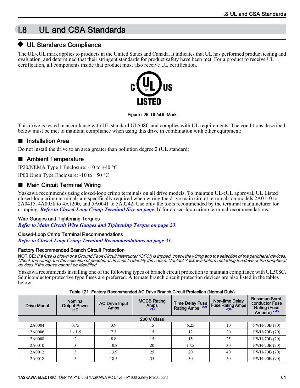 Ul and csa standards, Ul standards compliance, For information on ul compliance | I.8 ul and csa standards | Yaskawa CIMR-PU User Manual | Page 61 / 74