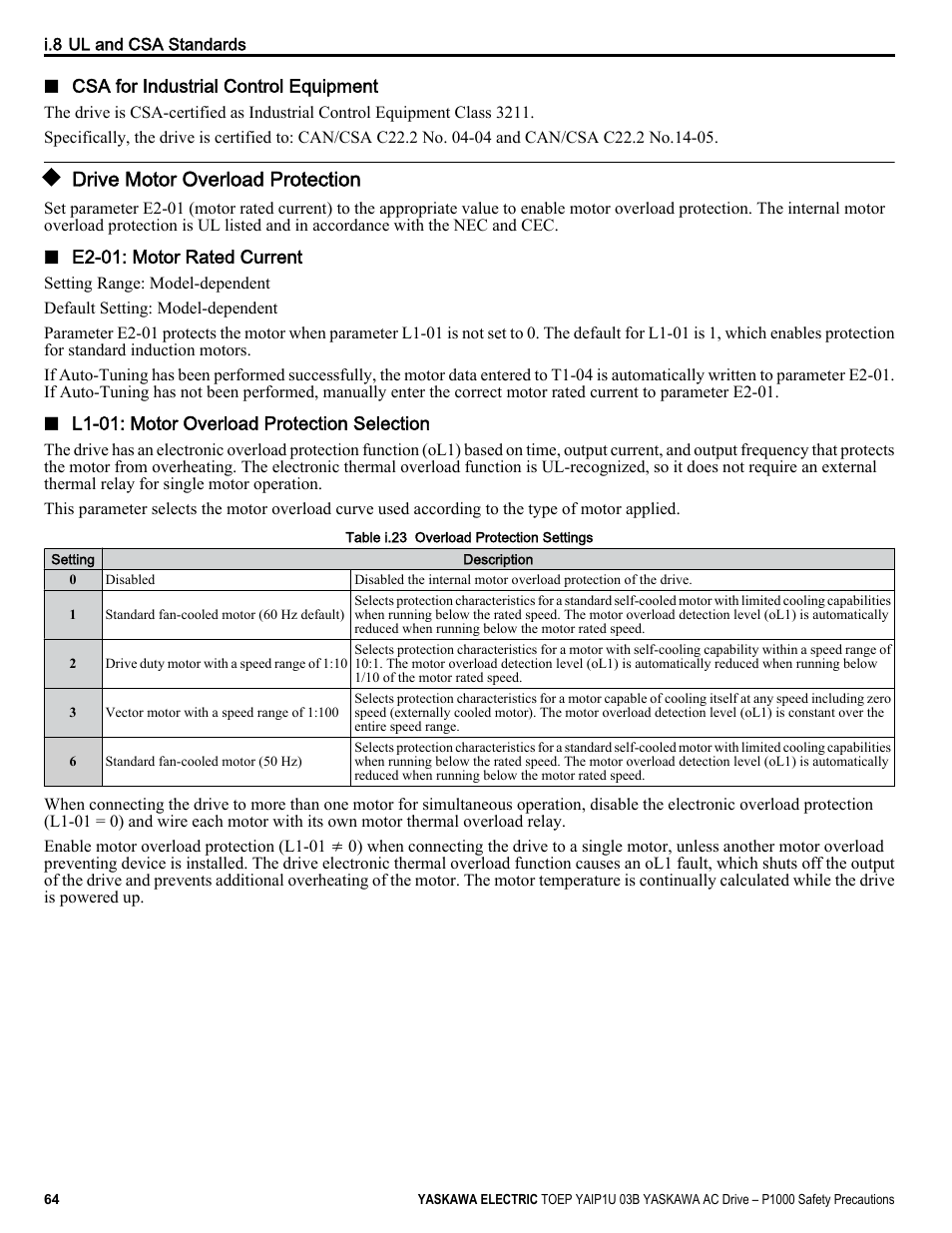 Drive motor overload protection | Yaskawa CIMR-PU User Manual | Page 64 / 74