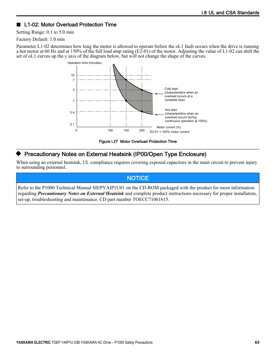 Notice, L1-02: motor overload protection time | Yaskawa CIMR-PU User Manual | Page 65 / 74