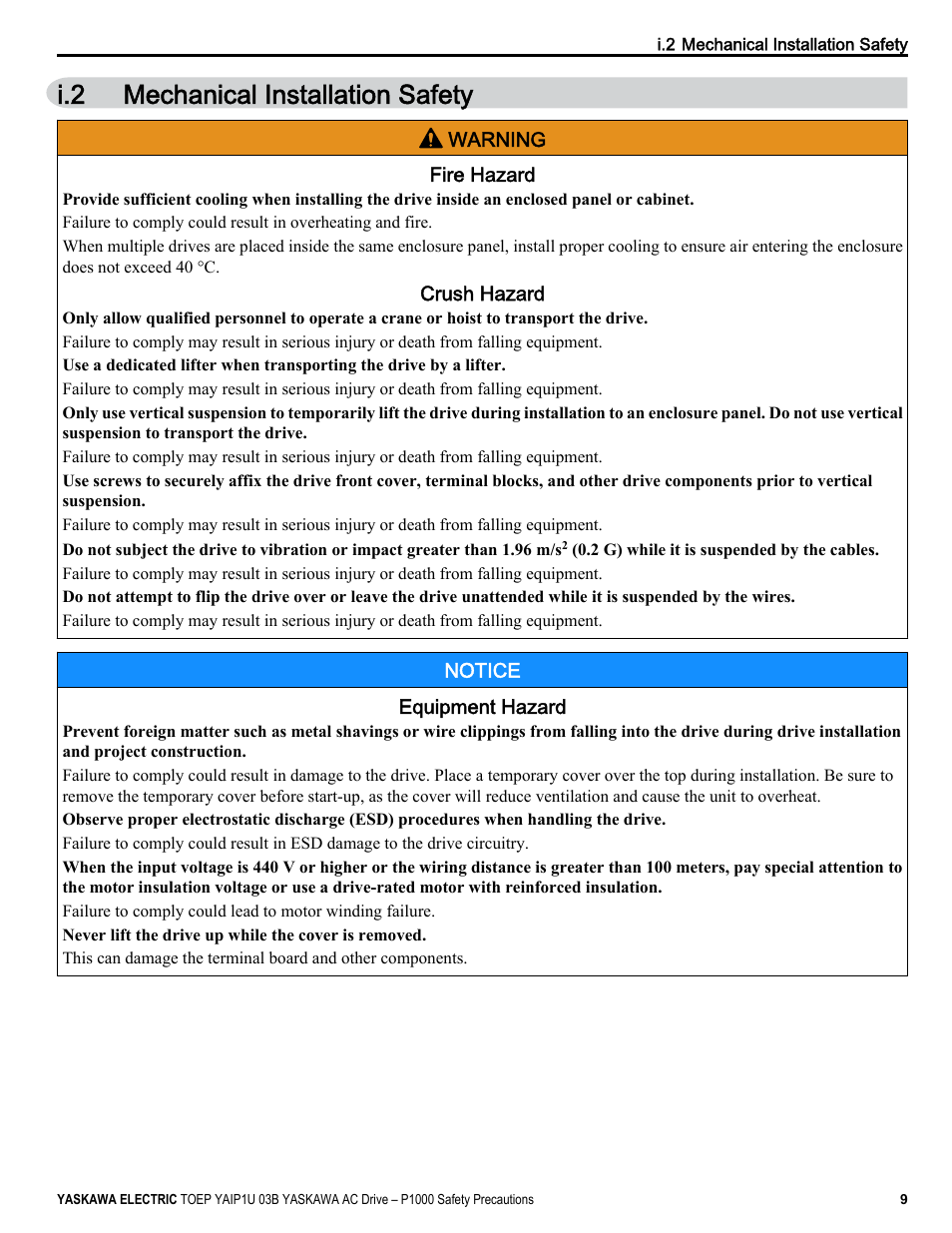 Mechanical installation safety, I.2 mechanical installation safety | Yaskawa CIMR-PU User Manual | Page 9 / 74