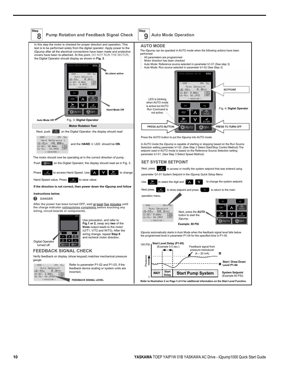 Feedback signal check, Pump rotation and feedback signal check, Auto mode operation auto mode | Set system setpoint, Start pump system | Yaskawa iQpump1000 AC Drive Quick Start User Manual | Page 10 / 470