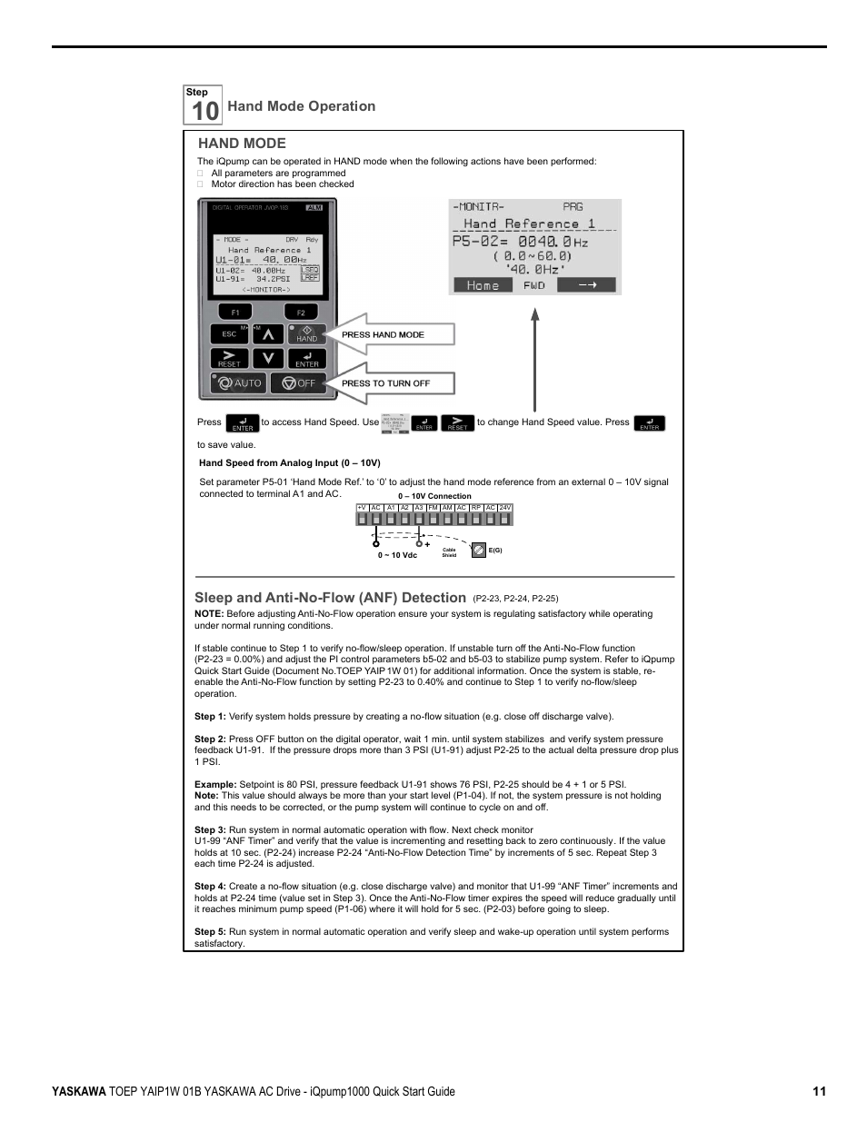 Sleep and anti-no-flow (anf) detection, Hand mode, Hand mode operation | Yaskawa iQpump1000 AC Drive Quick Start User Manual | Page 11 / 470