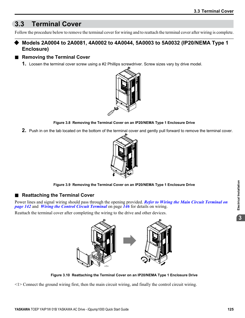 Terminal cover, 3 terminal cover, Enclosure) | Yaskawa iQpump1000 AC Drive Quick Start User Manual | Page 125 / 470