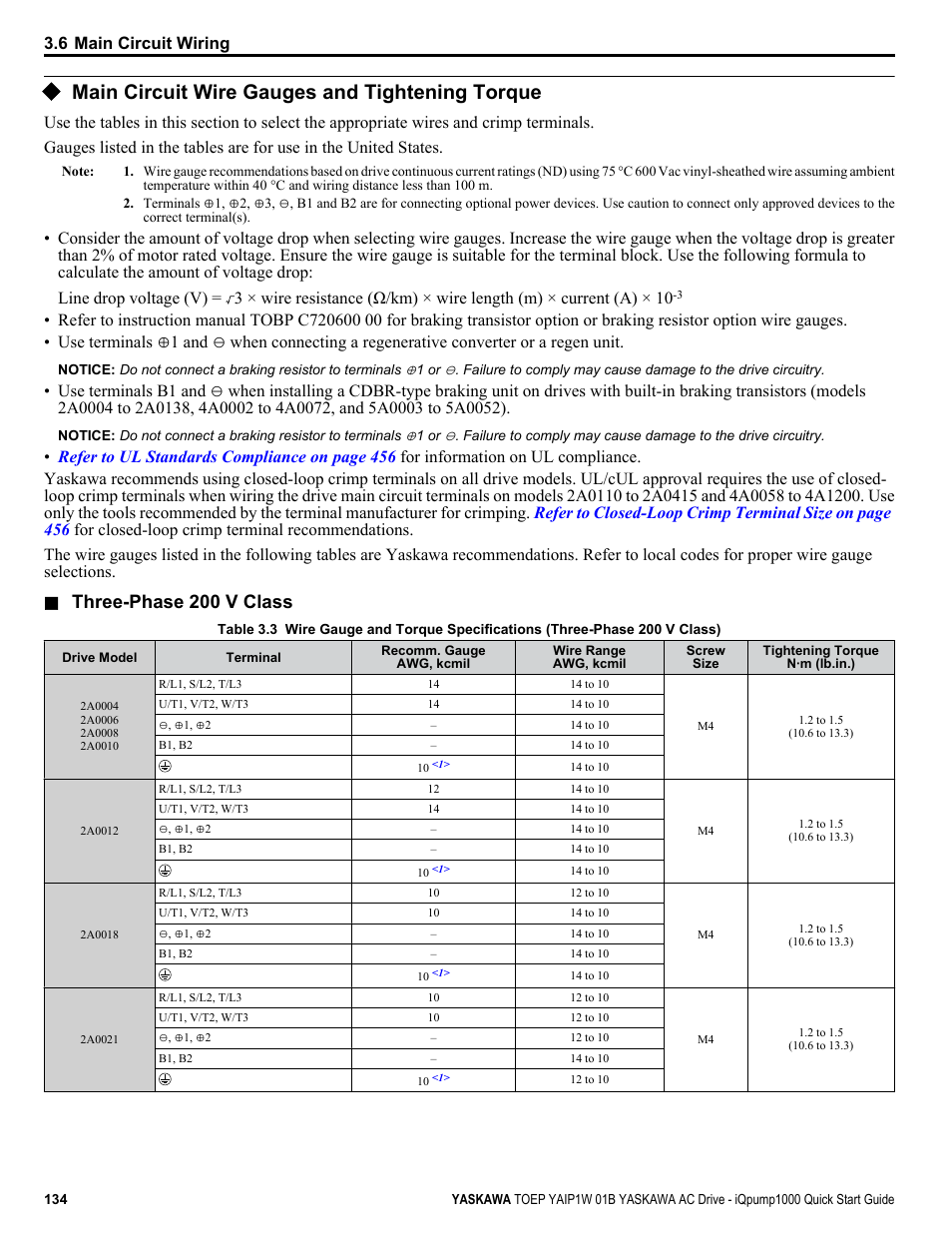 Main circuit wire gauges and tightening torque, Three-phase 200 v class, 6 main circuit wiring | Yaskawa iQpump1000 AC Drive Quick Start User Manual | Page 134 / 470