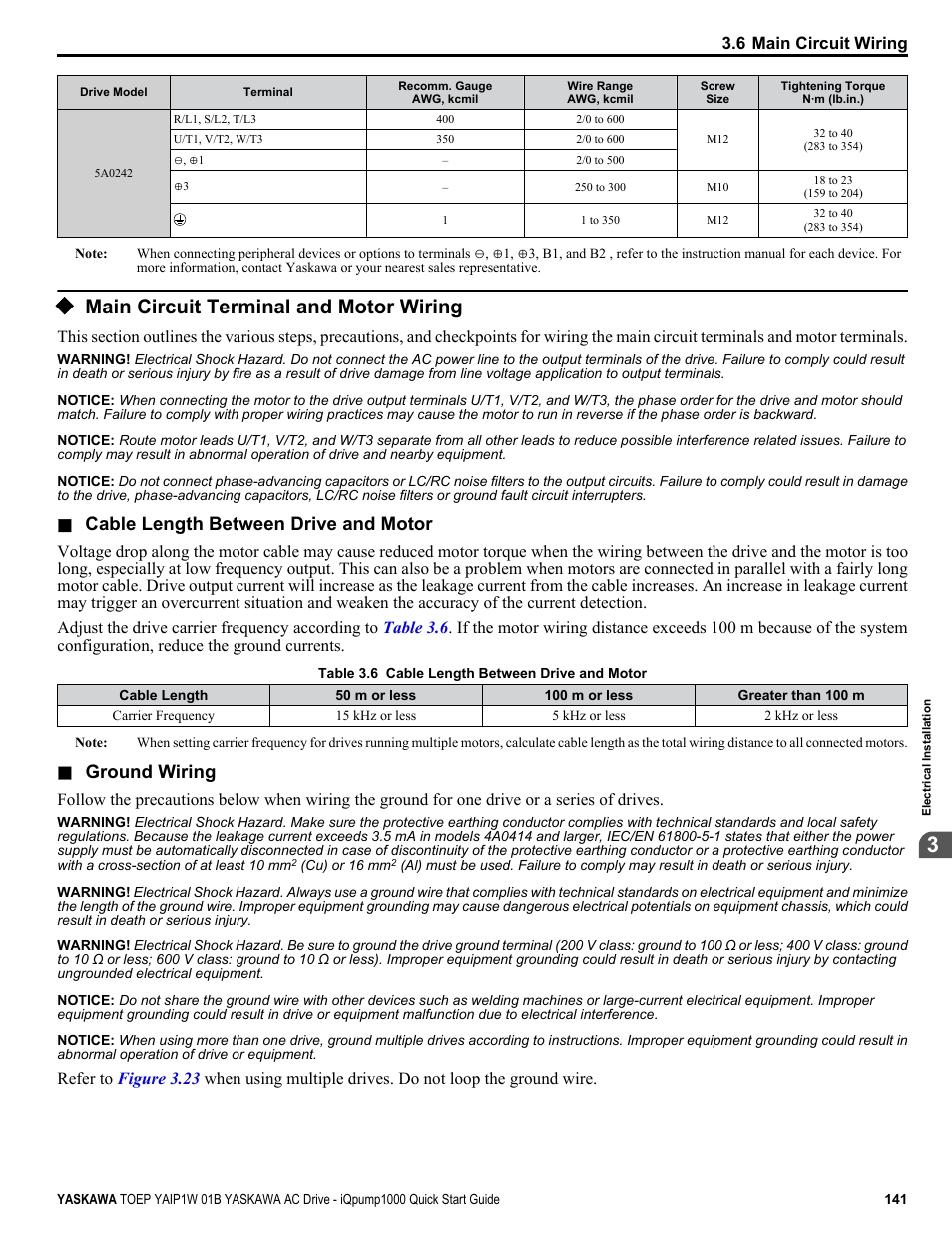 Main circuit terminal and motor wiring, Cable length between drive and motor, Ground wiring | Yaskawa iQpump1000 AC Drive Quick Start User Manual | Page 141 / 470